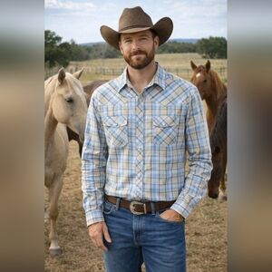 Wrangler Wrancher Button Down Plaid Pearl Button Shirt Size L